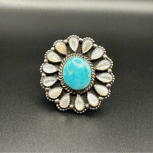 Sterling Silver Turquoise & Opal Teardrop Floral Ring - Blue